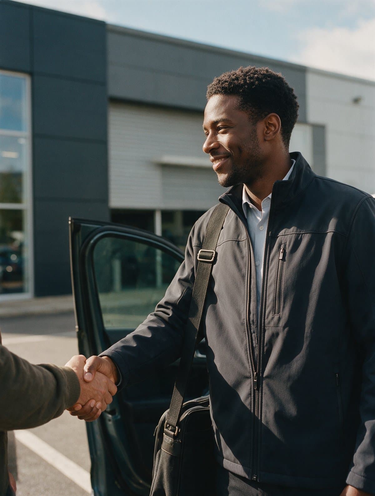 A field sales representative greeting a customer on site