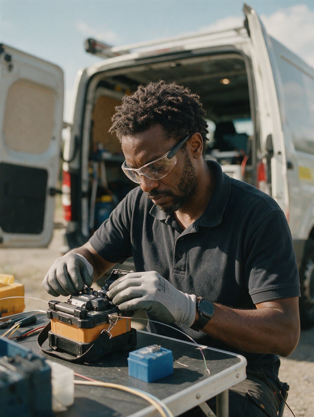 A fibre technician splicing at an outdoor work table