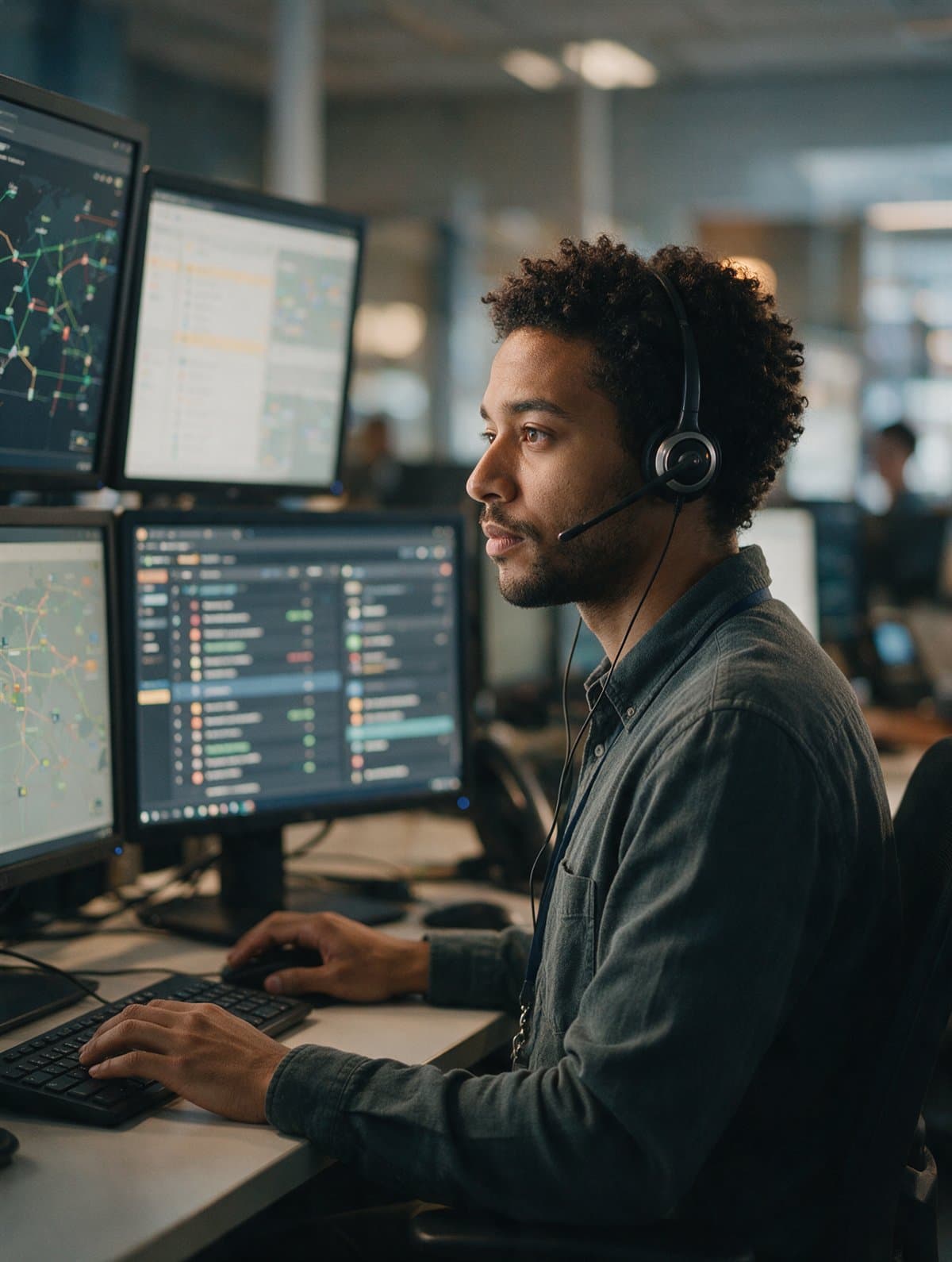 A network operations technician monitoring a network map