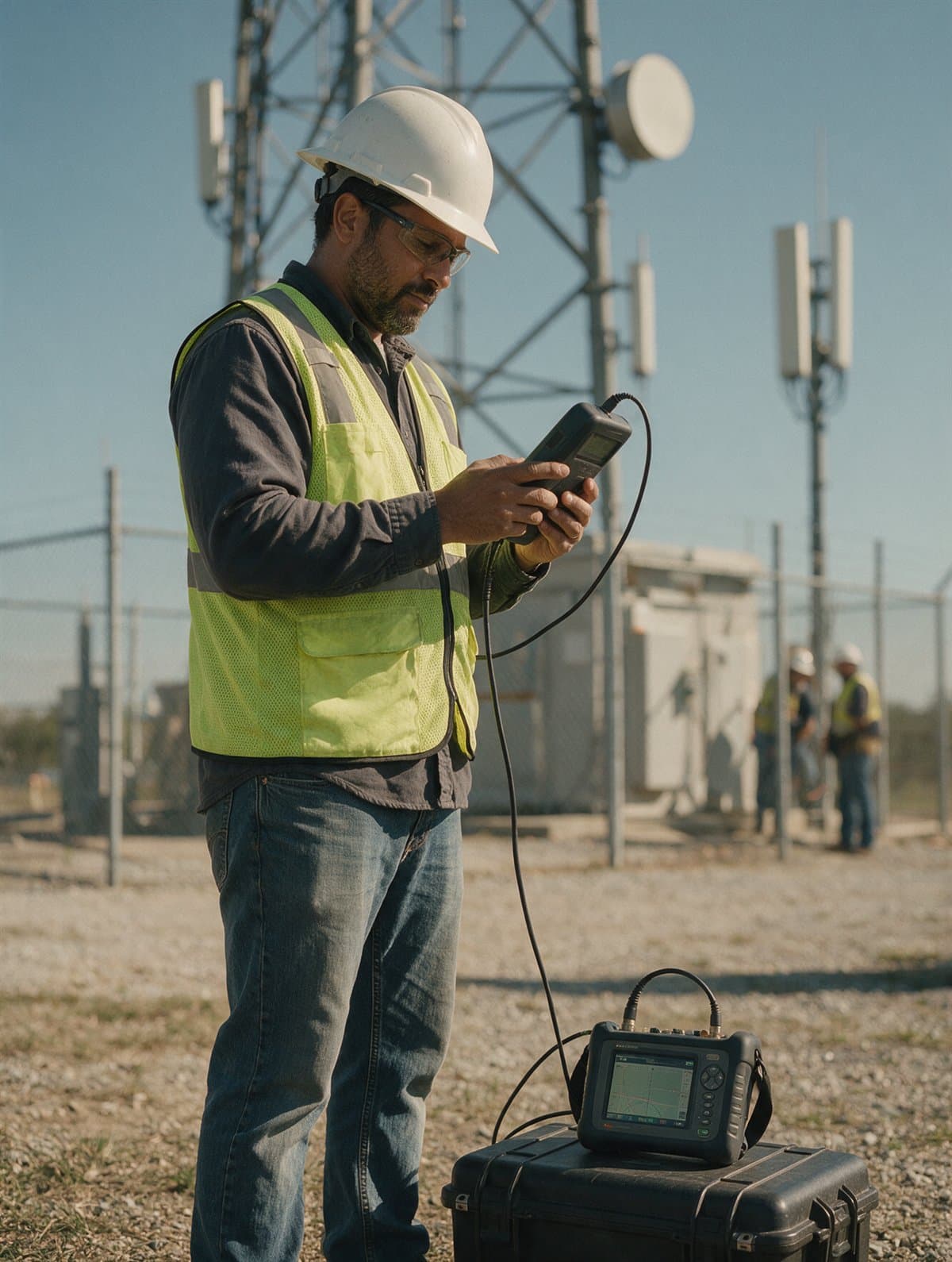 An RF technician checking a reading at the base of a tower