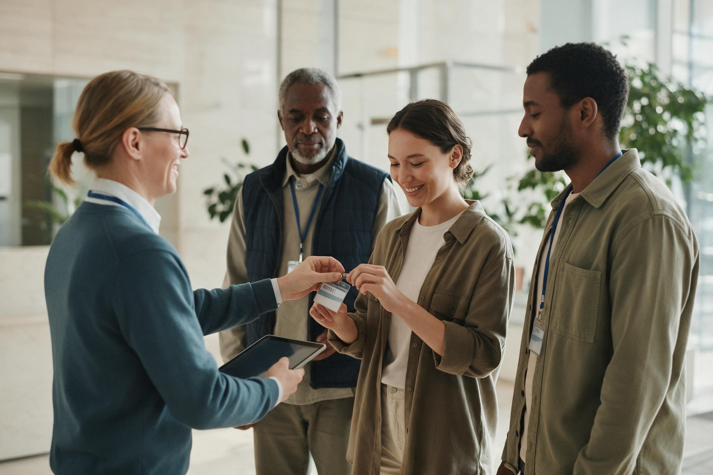 A workforce coordinator handing visitor badges to three temporary staff on their first morning in a corporate reception area